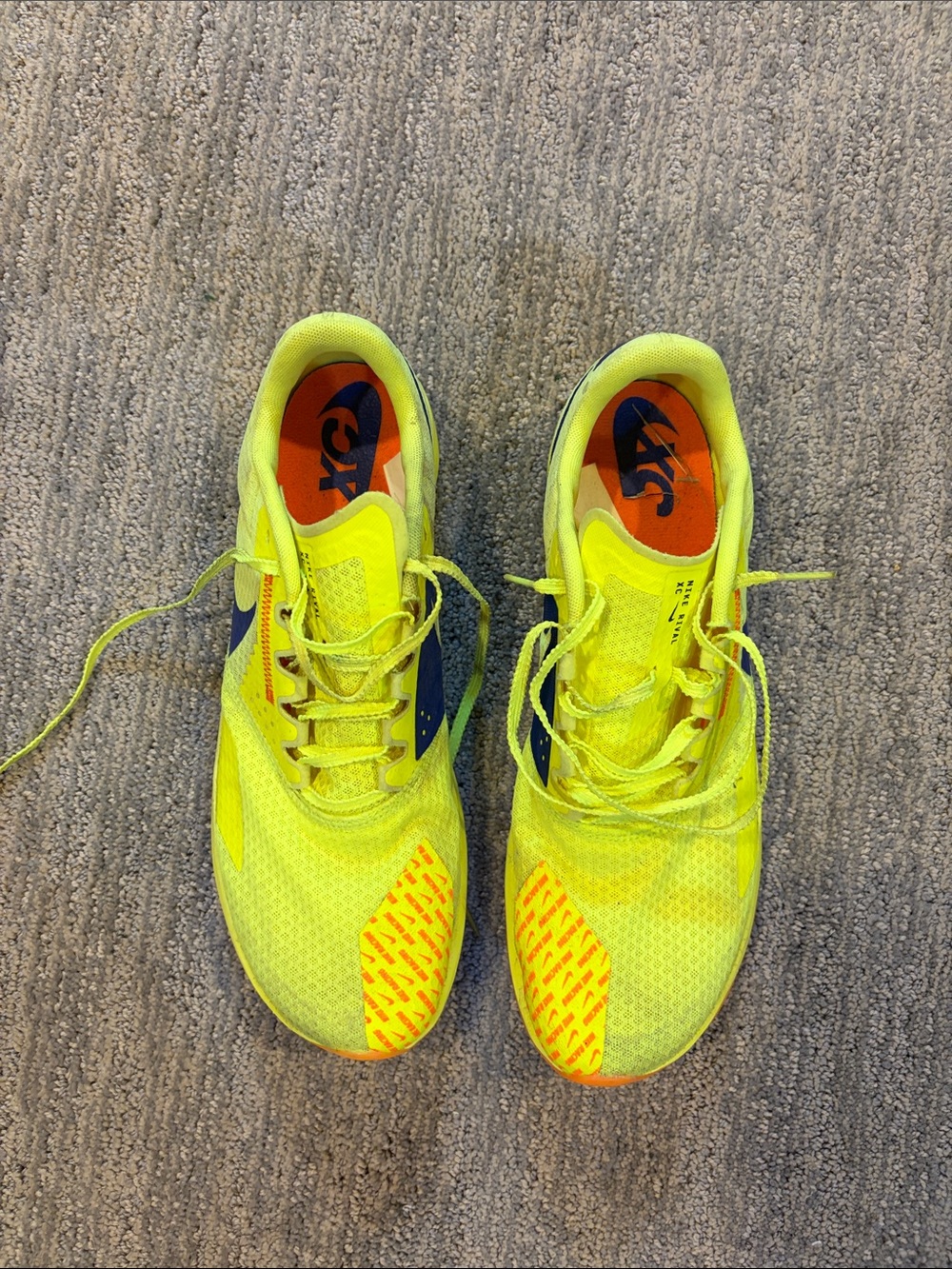 Nike XC shoes Bright Yellow with Navy and Orange Accents size 11 No Spikes